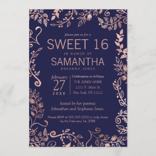 Elegant Simple Navy Blue Rose Gold Floral Sweet 16 Invitation
