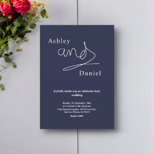 Elegant Simple Navy Blue White Calligraphy Wedding Invitation