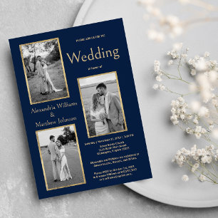 Elegant Simple Navy Blue White Gold Photo Wedding Invitation