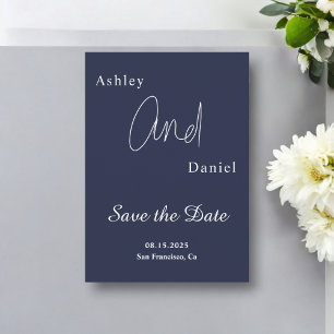 Elegant Simple Navy Blue White Modern Chic Wedding Save The Date