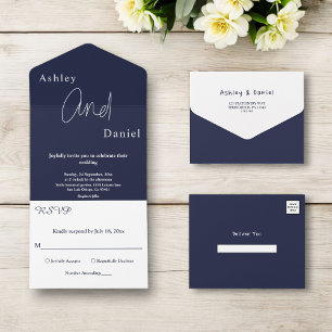 Elegant Simple Navy Blue White Modern Wedding All In One Invitation