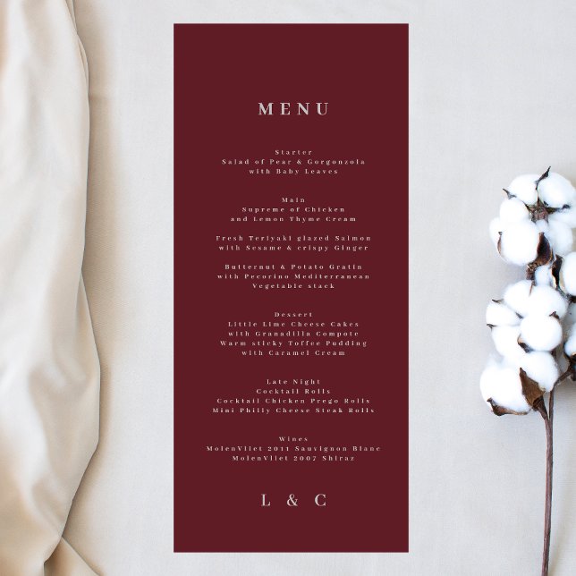 Elegant Simple navy burgundy White Monogram Menu (Creator Uploaded)