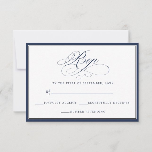 Elegant Simple Navy & White RSVP Card (Front)