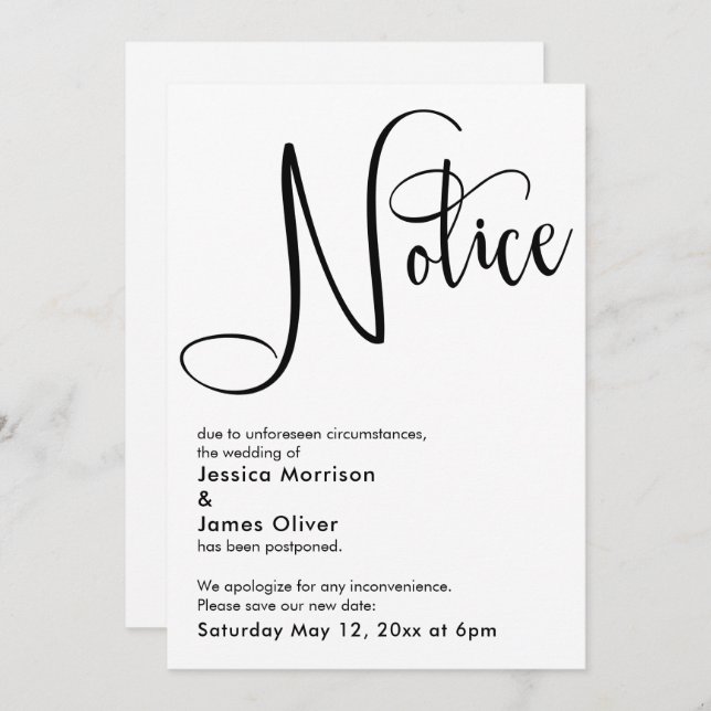 Elegant Simple Notice Postponed Wedding Card (Front/Back)