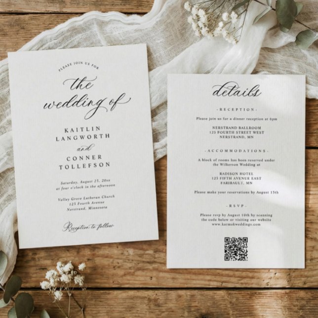 Elegant Simple Old Money All in One Wedding Invitation (Classic black and white all in one wedding invitation with details and QR code on back)