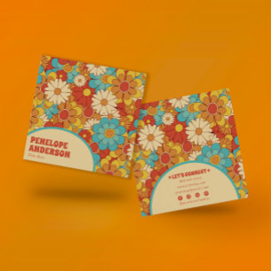 Elegant Simple Orange Blue Retro Groovy Floral Square Business Card