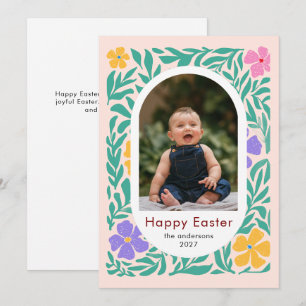 Elegant Simple Oval Floral Easter Family Photo Holiday Card