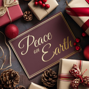 Elegant Simple Peace on Earth Burgundy Gold Foil Holiday Card