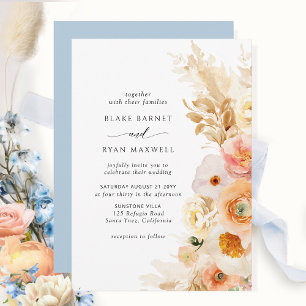 Elegant, Simple Peach, Blush, Cream, Blue Wedding Invitation