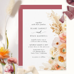 Elegant, Simple Peach Blush Cream Burgundy Wedding Invitation