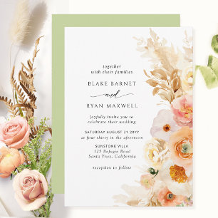 Elegant, Simple Peach, Blush Cream Green Wedding Invitation