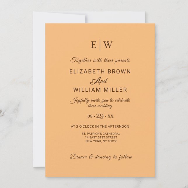 Elegant Simple Peach, Monogram Wedding Invitation (Front)