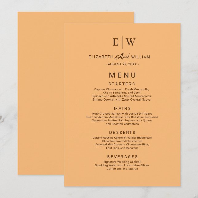 Elegant Simple Peach Monogram Wedding Menu (Front/Back)