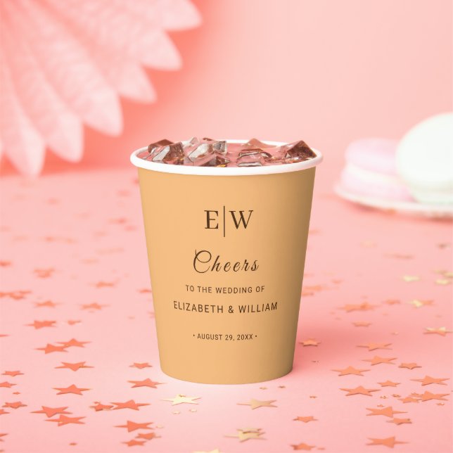 Elegant Simple Peach Monogram Wedding Paper Cups (Insitu)
