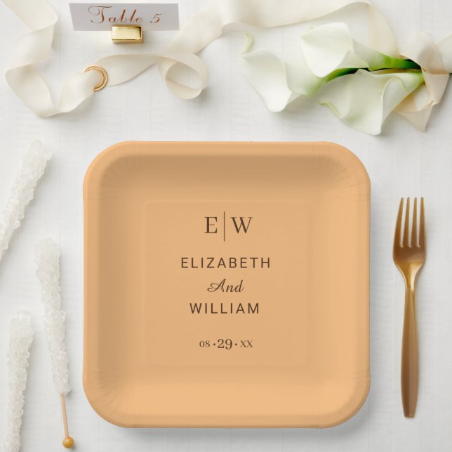 Elegant Simple Peach Monogram Wedding Paper Plate (Wedding)