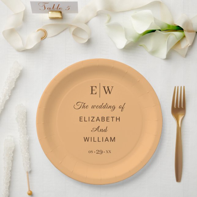 Elegant Simple Peach Monogram Wedding Paper Plate (Wedding)
