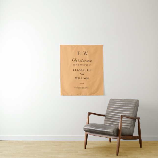 Elegant Simple Peach Monogram Wedding Tapestry (In Situ)
