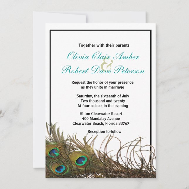 Elegant Simple Peacock Feathers Wedding Invitation (Front)