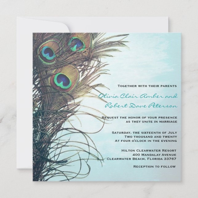 Elegant Simple Peacock Feathers Wedding Invitation (Front)