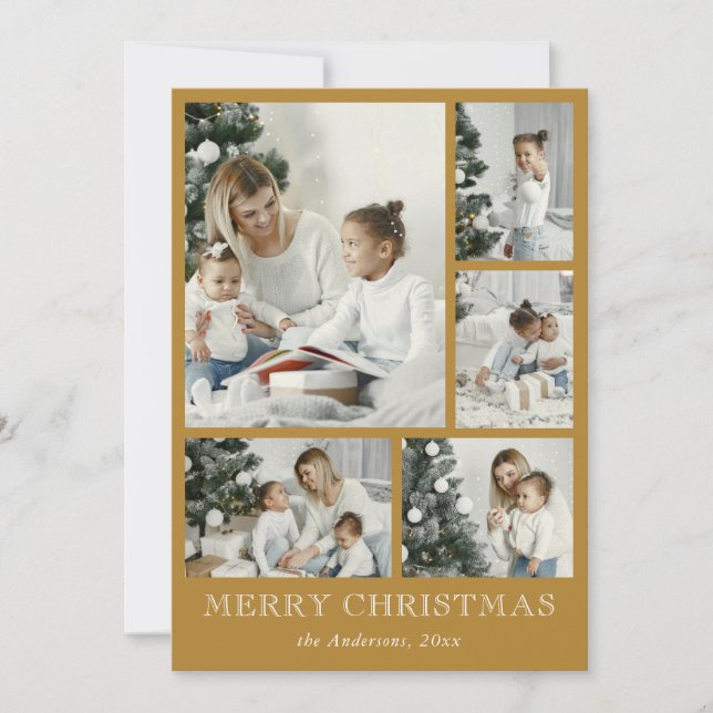 Elegant Simple Photo Collage Christmas Gold Holiday Card (Front)