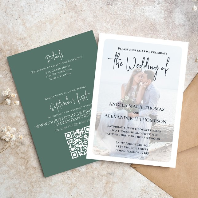 Elegant Simple Photo QT Code RSVP Minimalist Green Invitation (Elegant Wedding invitation with a minimalist photo vellum photo overlay effect.)