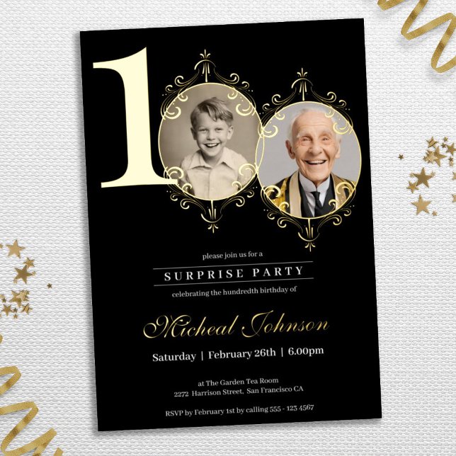 Elegant Simple Photo Surprise 100th Birthday Party (Elegant Simple Photo 100th Birthday Surprise Party Foil Invitation)