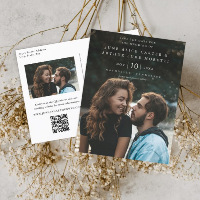Elegant Simple Photo Wedding Save the Date Postcard (Simple typographic photo wedding save the date with QR Code postcard.)
