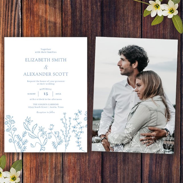 Elegant Simple Photo Wildflower Periwinkle Wedding Invitation (Creator Uploaded)
