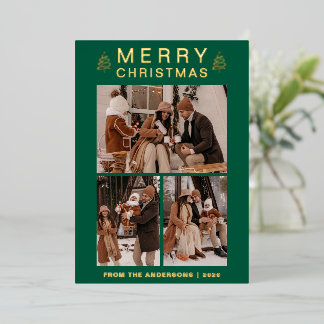 Elegant Simple Pine Tree Christmas Family 3 Photo Foil Holiday Card