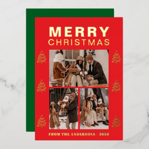 Elegant Simple Pine Tree Christmas Family 3 Photo Foil Holiday Card