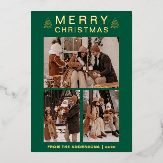 Elegant Simple Pine Tree Christmas Family 3 Photo Foil Holiday Card