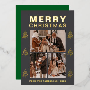 Elegant Simple Pine Tree Christmas Family 3 Photo Foil Holiday Card