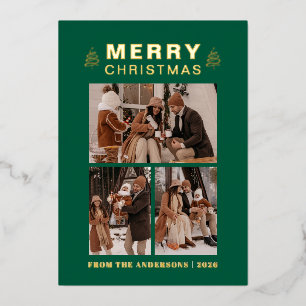 Elegant Simple Pine Tree Christmas Family 3 Photo Foil Holiday Card