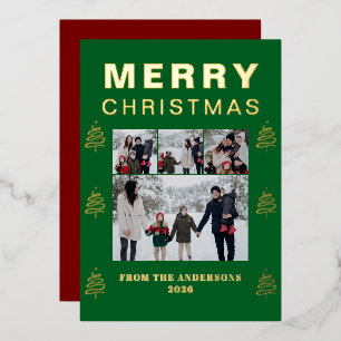 Elegant Simple Pine Tree Christmas Family 3 Photo Foil Holiday Card
