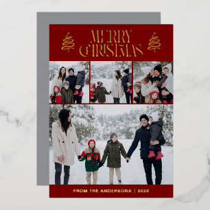 Elegant Simple Pine Tree Christmas Family 4 Photo Foil Holiday Card