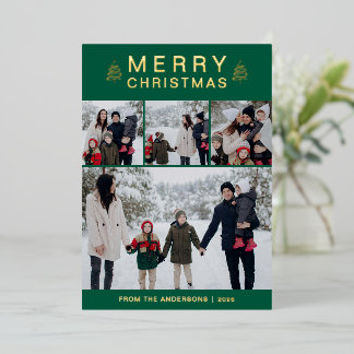 Elegant Simple Pine Tree Christmas Family 4 Photo Foil Holiday Card