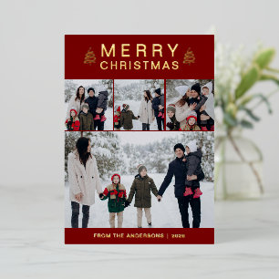 Elegant Simple Pine Tree Christmas Family 4 Photo Foil Holiday Card