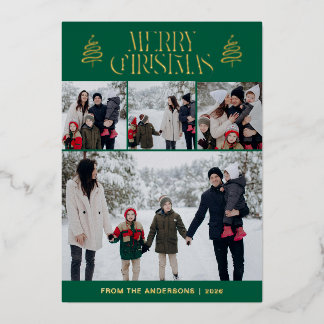 Elegant Simple Pine Tree Christmas Family 4 Photo Foil Holiday Card