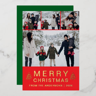 Elegant Simple Pine Tree Christmas Family 4 Photo Foil Holiday Card