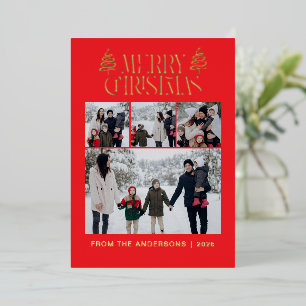 Elegant Simple Pine Tree Christmas Family 4 Photo Foil Holiday Card