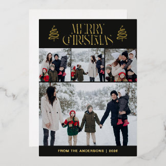 Elegant Simple Pine Tree Christmas Family 4 Photo Foil Holiday Card