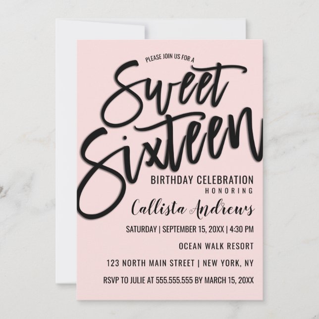 Elegant Simple Pink and Black Typography Sweet 16 Invitation (Front)