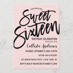 Elegant Simple Pink and Black Typography Sweet 16 Invitation