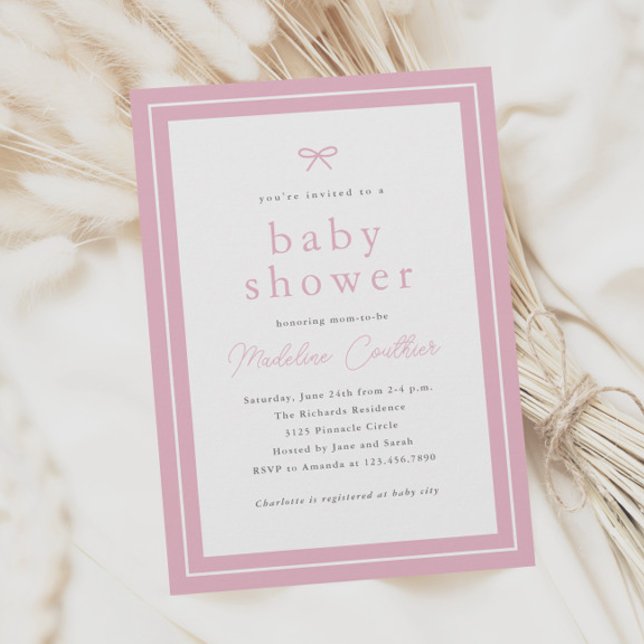 Elegant Simple Pink Girls Baby Shower Invitation (Simple classic pink girls baby shower invitations.)