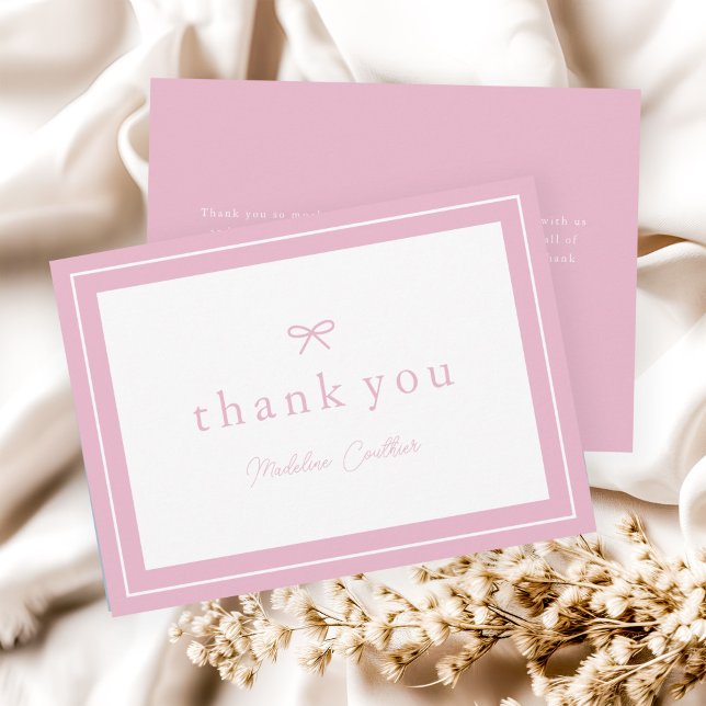 Elegant Simple Pink Girls Baby Shower Thank You Card (Simple bow pink girls baby shower thank you cards.)