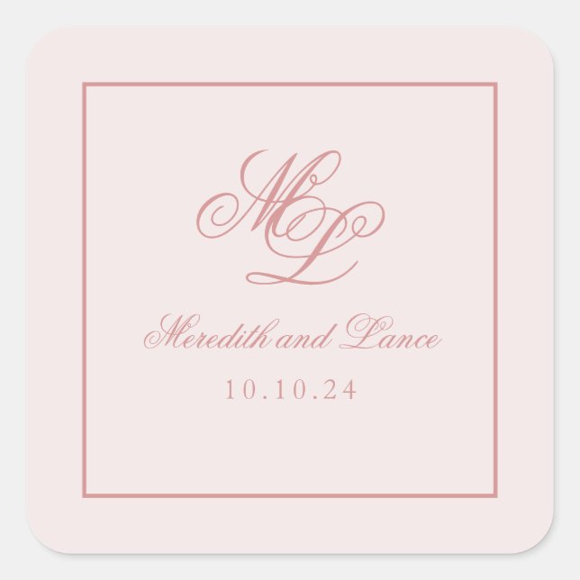 Elegant Simple Pink Monogram Square Sticker (Front)