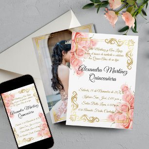 Elegant Simple Pink Rose Gold Floral Quinceañera Invitation