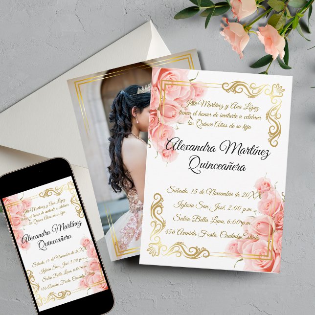 Elegant Simple Pink Rose Gold Floral Quinceañera Invitation (Creator Uploaded)
