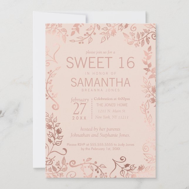 Elegant Simple Pink Rose Gold Floral Sweet 16 Invitation (Front)
