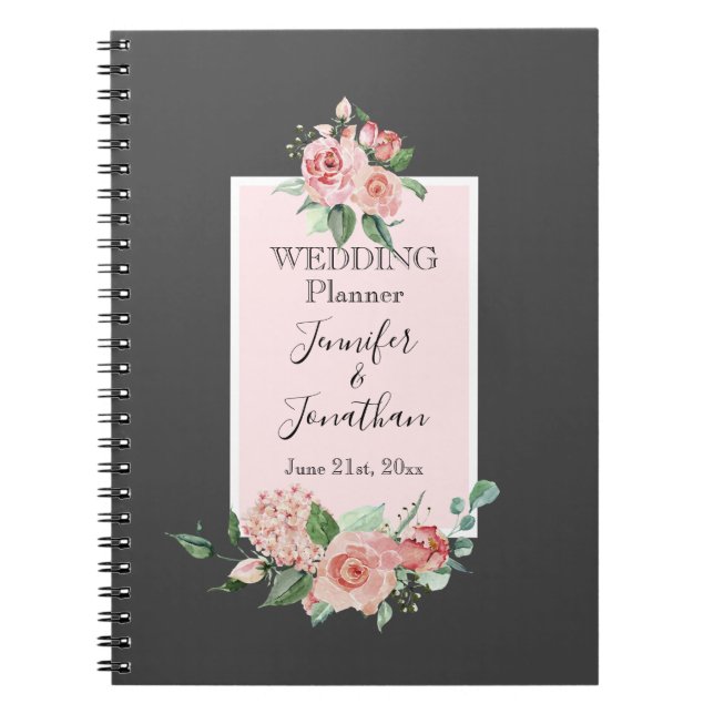 Elegant Simple Pink Roses on Grey Wedding Planner Notebook (Front)